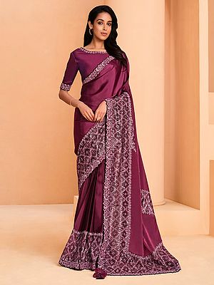 Maroon Satin Crepe Silk Saree with Taffeta Blouse and Sequins Embroidered Border