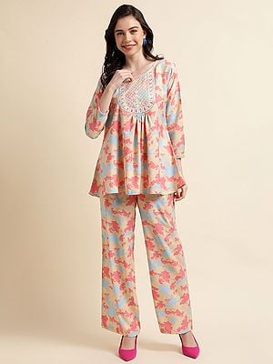 Poly Crepe Co-Ords Set with All-Over Digital Printed and Yoke Embroidered Neck