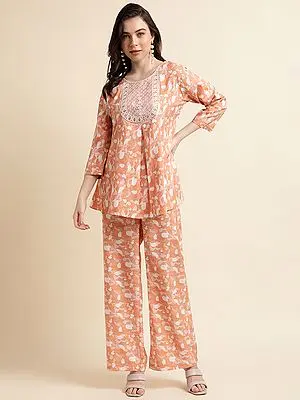 Orange Poly Crepe Digital Printed Co-Ords Set with Yoke Embroidered Neck