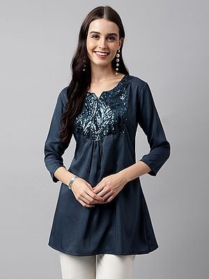 Teal Poly Cotton Yoke Sequins Embroidered A-line Top