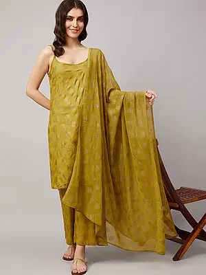 Lime-Green Ethnic Motifs Print Viscose Rayon Kurta with Palazzo and Poly Georgette Dupatta