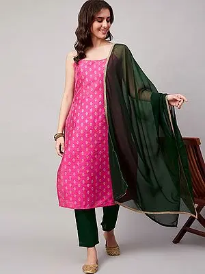 Magenta-Pink Polyester Butti Printed Kurta with Green Trousers and Poly Chiffon Dupatta