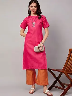 Pink Polyester Plain Kurta with Orange Palazzo