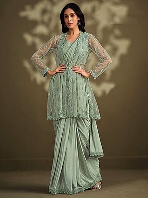 Sea-Green Sequins-Stone Embroidered Crepe Silk Scalloped Pattern Saree with Raw Silk Blouse and Butti Motif Net Jacket