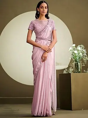 Pink Crepe Georgette Silk Floral Motif Sequins-Stone Embroidered With MalaI Silk Blouse