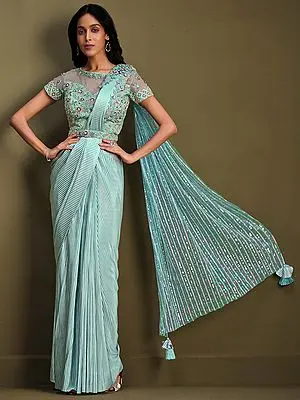 Sky-Blue Fancy Crystal Crepe Saree with Floral Motif Raw Silk Blouse and Sequins Embroidery