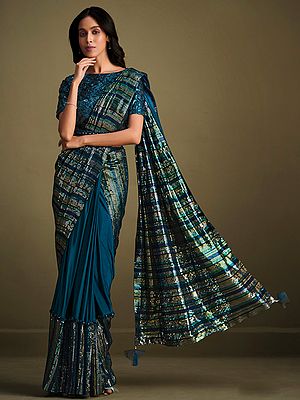 Teal Crystal Silk Sequins Embroidered Saree with Floral Pattern Japan Polyester Blouse