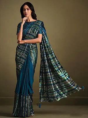 Teal Crystal Silk Sequins Embroidered Saree with Floral Pattern Japan Polyester Blouse