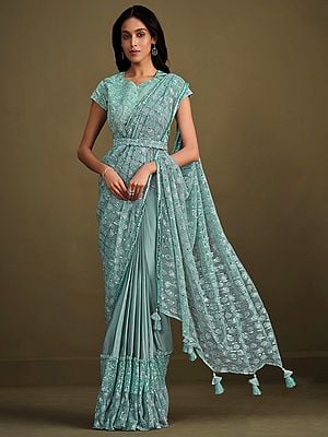 Light-Blue Crepe Silk Sequins Embroidered Saree with Raw Silk Blouse and Latkan Pallu