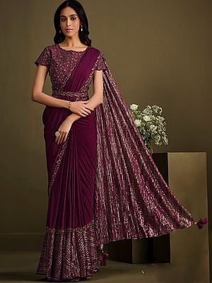 Maroon Crystal Silk Saree with Japan Polyester Blouse and Sequins Embroidered Border-Pallu