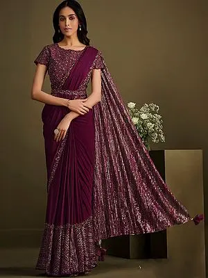 Maroon Crystal Silk Saree with Japan Polyester Blouse and Sequins Embroidered Border-Pallu