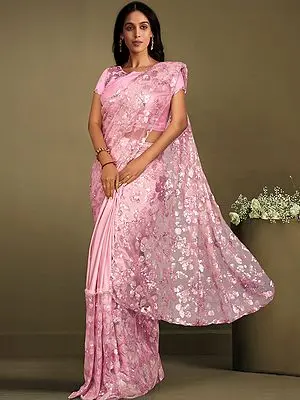 Pink Crepe Lycra Floral Leaf Motif Sequins Embroidered Saree with Tapeta Silk Blouse