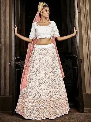 Pearl-White Georgette Floral Jaal Sequins Embroidered Lehenga Choli with Orange Net Dupatta