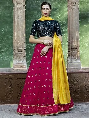 Georgette Rani Color Fancy Sequins Work Leaf Motif Lehenga with Dark-Green Choli and Viscose Cotton Yellow Dupatta