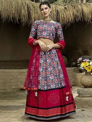 Grey Art Silk Patola Printed Lehenga Choli With Net Magenta Tassel Dupatta