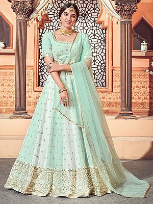 Pista-Green Georgette Butti Motif Lehenga Choli with Thread-Sequins Embroidery and Net Dupatta