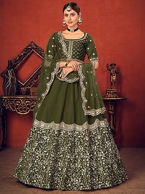 Olive-Green Art Silk Floral Vine Pattern Lehenga Choli with Thread-Sequins Embroidery and Net Scalloped Dupatta