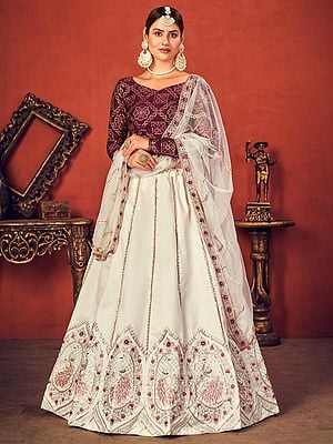 Pearl-White Art Silk Thread-Sequins Embroidered Peacock Motif Lehenga with Wine Choli with Net Dupatta