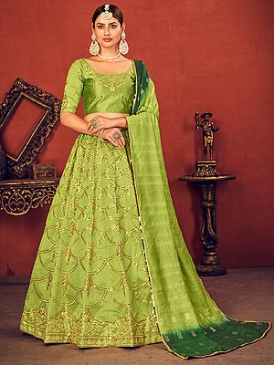Art Silk Thread-Sequins Embroidered Scale Pattern Green Lehenga Choli with Cotton Dupatta