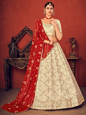 Beige Art Silk Lehenga Choli with Thread-Sequins Embroidery and Georgette Red Printed Dupatta