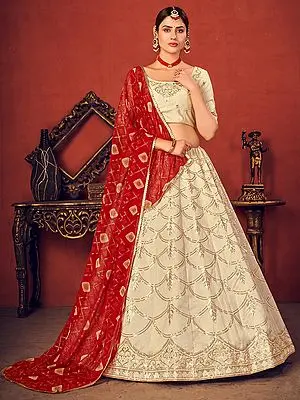 Beige Art Silk Lehenga Choli with Thread-Sequins Embroidery and Georgette Red Printed Dupatta