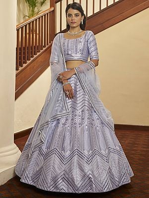 Silk Chevron Pattern Lehenga Choli with Thread-Sequins Embroidery and Net Dupatta