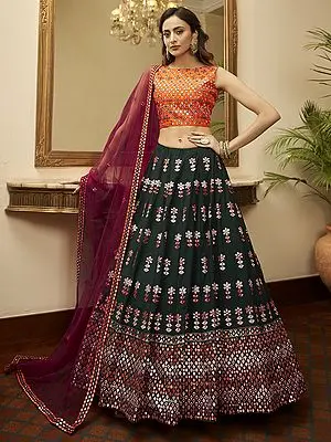 Green Georgette Gota Patti-Thread Embroidered Lehenga with Orange Art Silk Choli with Net Dupatta