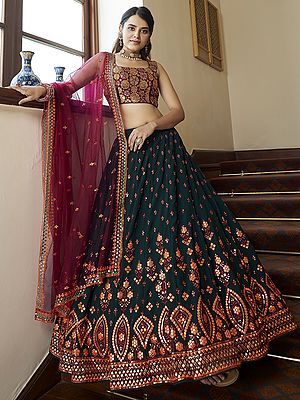 Green Georgette Floral Butti Lehenga Choli With Sequins, Thread, Gota Patti Embroidery And Net Pink Dupatta