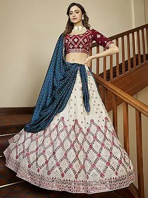 Beige Georgette Sequins, Thread, Gota Patti Embroidered Lehenga With Maroon Choli And Printed Gajji Silk Dupatta