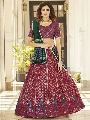 Georgette Peacock Motif Lehenga Choli with Thread-Sequins Embroidery and Cotton Dupatta