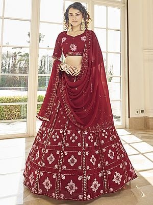 Red Georgette Lehenga Choli with Butta Thread-Sequins Embroidery and Matching Dupatta