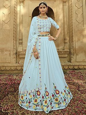 Georgette Floral Thread-Sequins Embroidered Lehenga Choli With Matching Dupatta And Belt