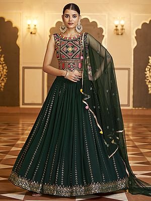 Green Laddi Pattern Lehenga Choli With Thread-Sequins Embroidery With Net Dupatta