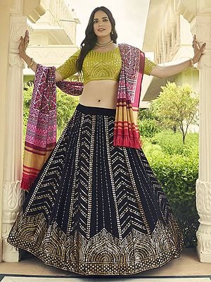 Georgette Lehenga Choli With Thread-Sequins Embroidery And Printed Cotton Dupatta