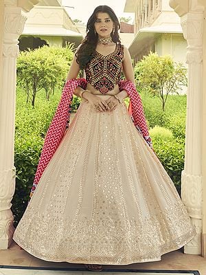 Beige Georgette Lehenga Choli With Thread-Sequins Embroidery And Printed Cotton Pink Dupatta