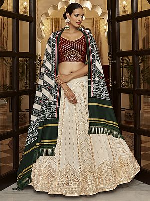 Pearl-White Georgette Sequins Embroidered Lehenga With Maroon Choli And Cotton Green Printed Dupatta