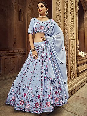 Georgette Floral Motif Lehenga Choli with Thread-Sequins Embroidery and Dupatta