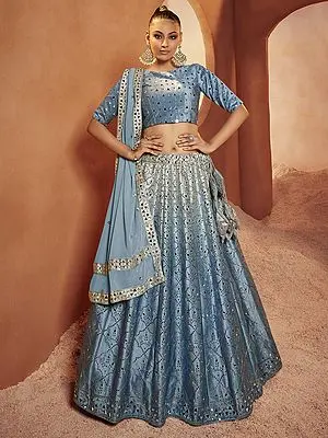 Dusty-Sky Velvet Jali Pattern Mirror-Sequins Embroidered Lehenga Choli with Georgette Dupatta