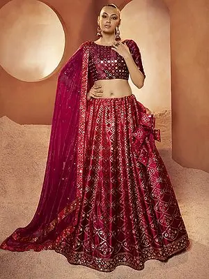 Magenta Velvet Mirror-Sequins Embroidered Lehenga Choli with Art Silk Dupatta