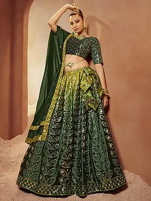 Green Velvet Leaf Mirror-Sequins Embroidered Lehenga Choli with Art Silk Dupatta