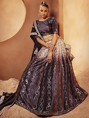 Purple Velvet Floral Motif Mirror-Sequins Embroidered Lehenga Choli with Art Silk Dupatta