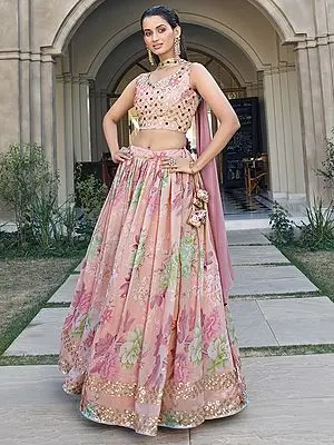 Georgette Floral Printed Pink Lehenga Choli with Sequins Embroidery and Fancy Neck Style Dupatta