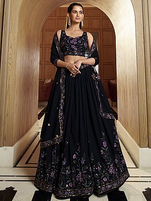Georgette Lehenga Choli With Floral Sequins Embroidery With Matching Dupatta