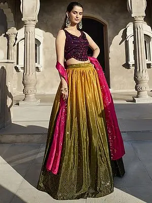Mustard-Olive Chinon Silk Mirror Work Lehenga with Thread-Sequins Embroidered Wine Choli and Pink Dupatta