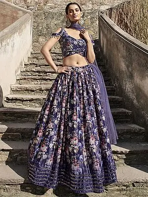 Purple Chinon Silk Rose Printed Lehenga Choli with Sequins Work and Net Dupatta