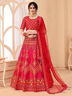 Art Silk Pink Digital Printed Lehenga Choli With Net Lace Work Border Dupatta