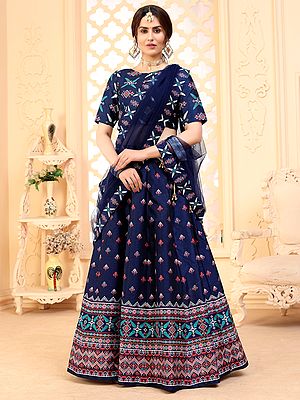 Navy-Blue Art Silk Digital Printed Lehenga Choli With Net Lace Work Border Dupatta