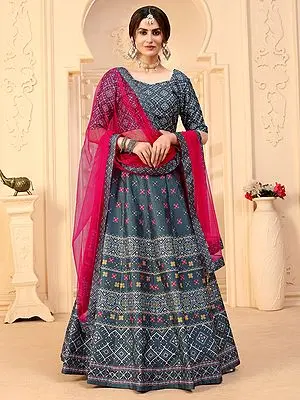 Art Silk Digital Printed Grey Lehenga Choli with Net Lace Work Border Dupatta