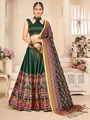 Dark-Green Pure Rera Silk Digital Printed Lehenga Choli With Assam Silk Dupatta
