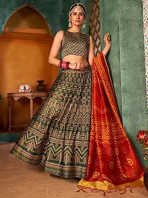 Pure Rera Silk Green Lehenga Choli With All-Over Digital Printed And Assam Silk Dupatta